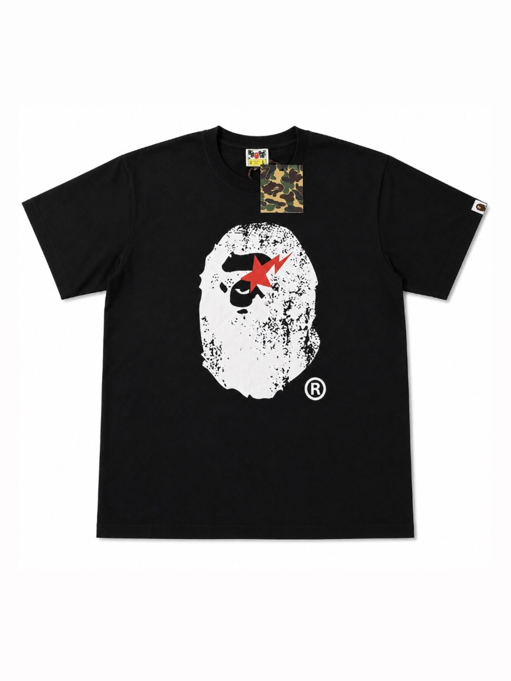 Bape Black Tee with White Ape Head and Red Star